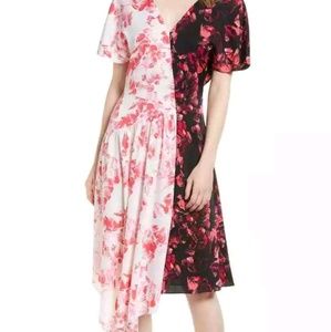 Asymmetrical Dual Floral Print Silk Dress